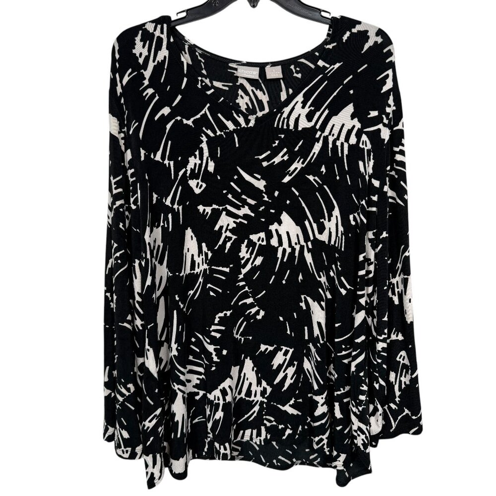 Chicos Travelers Top Blouse Size 3 US XL 16 Black Beige Print Slinky Roll Tab